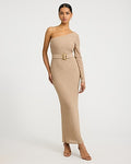 Stretch Cotton Poplin One Shoulder Pleated Maxi Dress With Pockets