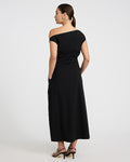Express Women's Stretch Cotton Poplin One Shoulder Pleated Maxi Dress With Pockets in Black Small