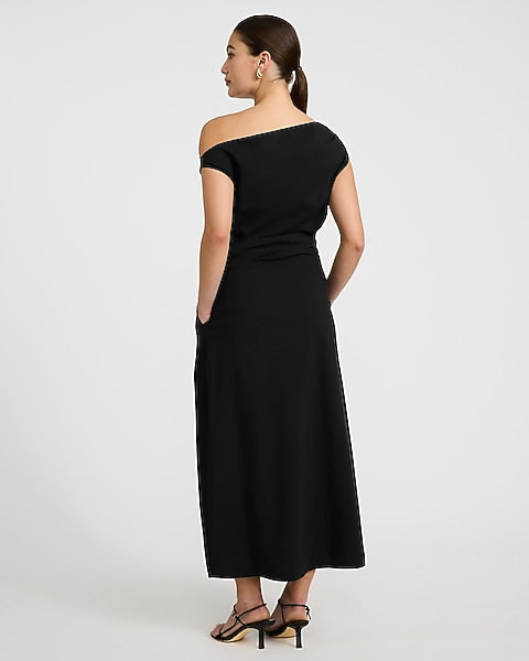 Express Women's Stretch Cotton Poplin One Shoulder Pleated Maxi Dress With Pockets in Black Small