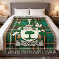 O'Connor Irish woven cotton blanket with family crest on Irish National Tartan