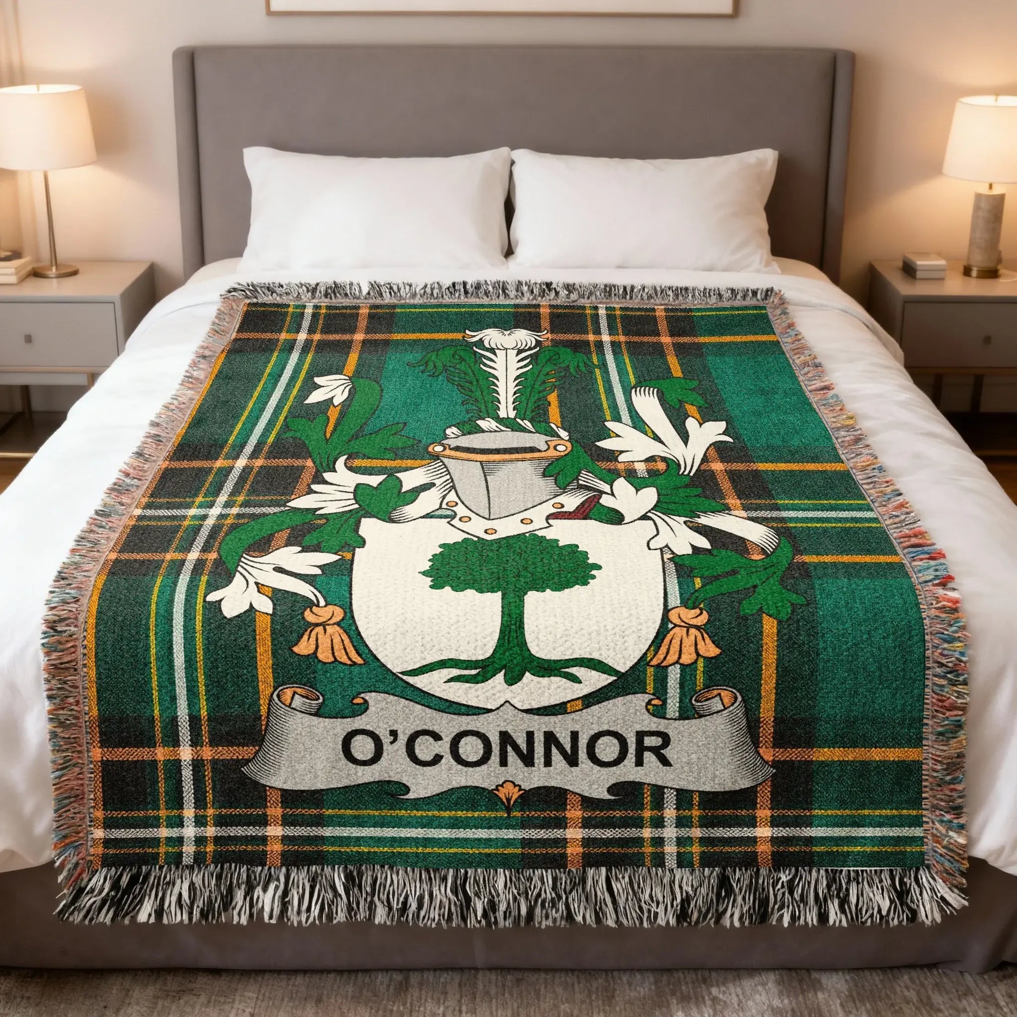 O'Connor Irish woven cotton blanket with family crest on Irish National Tartan