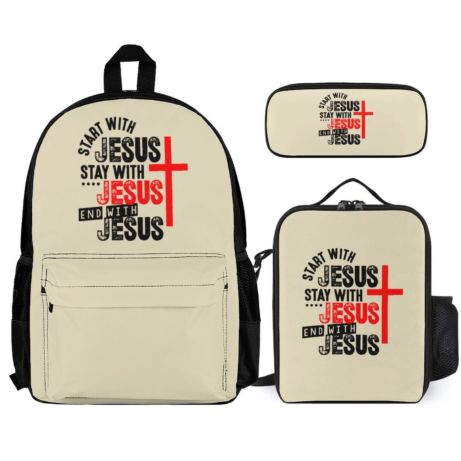 Start, Stay, End With Him  Christian Backpack Set of 3 Bags (Shoulder Bag Lunch Bag & Pencil Pouch)