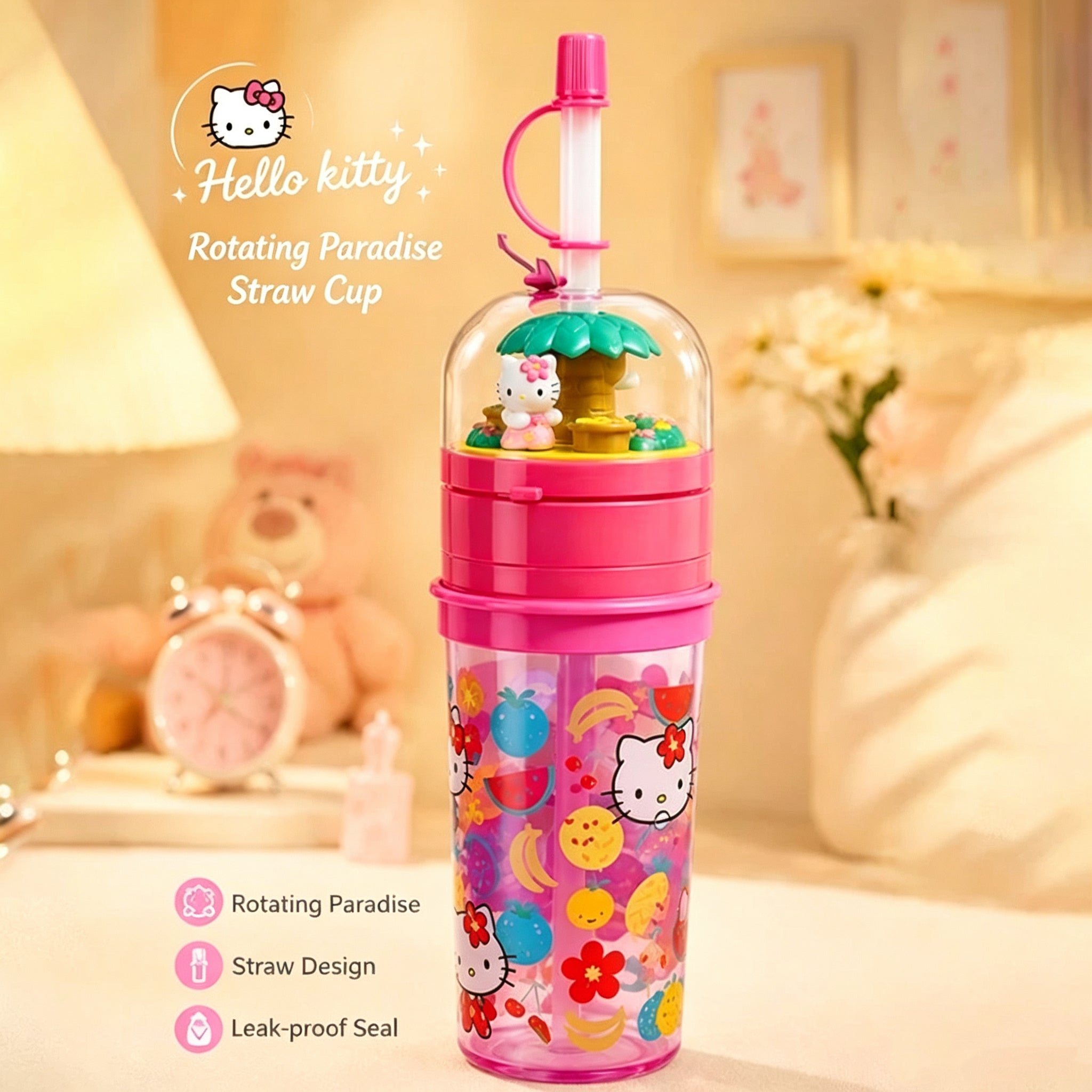 3D Mini Hello Kitty Figurine Lid Tropical Fruit Print Reusable Plastic Straw Cup