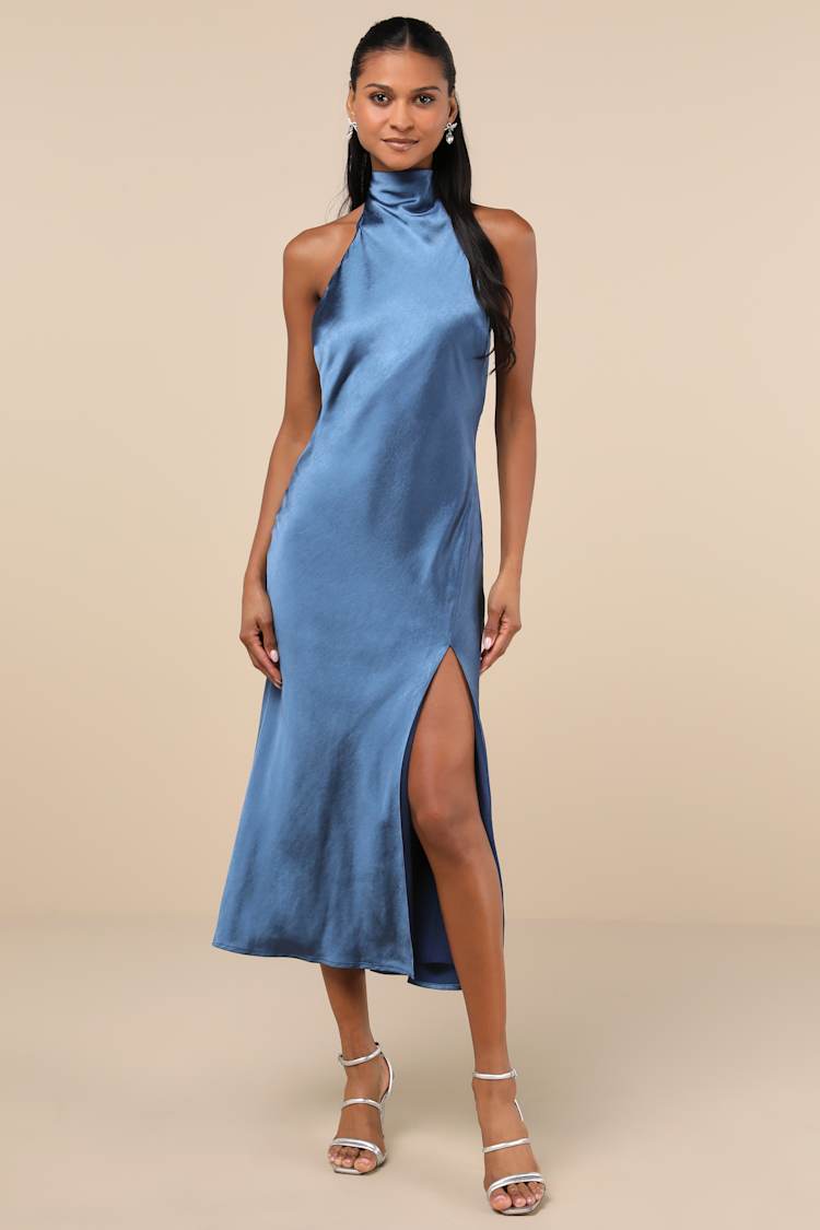 Lulus | Blue Halter Backless Slip Midi Dress | Womens | X-Small (Available in M, XL)