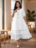 Auveirra Plus Size Casual Dress, White Round Neck Sleeveless Asymmetrical Hem Flowy Festival Bohemian Dress, Suitable For Spring And Summer Bohemian Summer Dresses For Women Western Women Wear Vacation White Dresses For