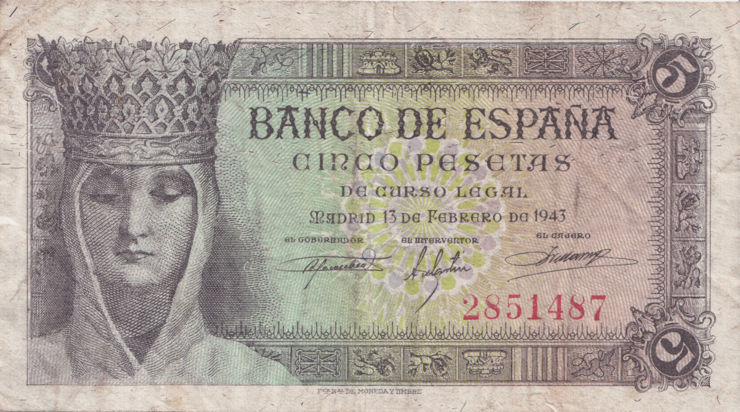 1943 5 PESTAS BANKNOTE SPAIN REF-1646 - WORLD BANKNOTES - Cambridgeshire Coins
