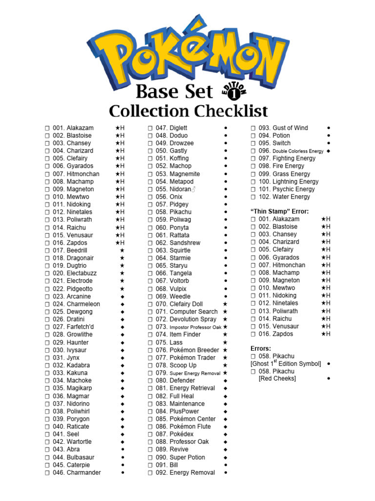 Pokémon Base Set Checklist PDF | PDF | Characters Created