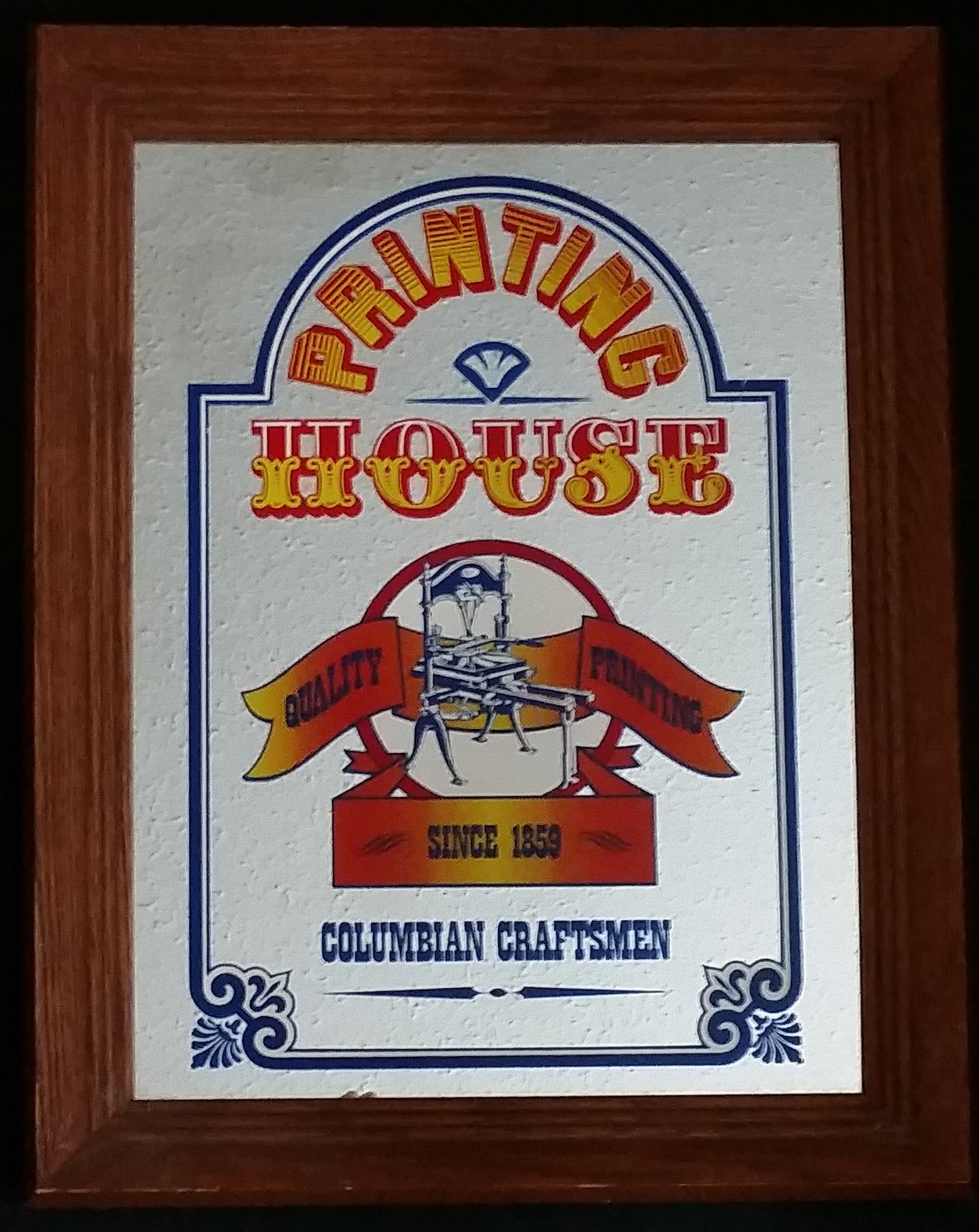 Rare Vintage Columbian Craftsmen Printing Press Quality Since 1859 Wood Framed Advertising Mirror