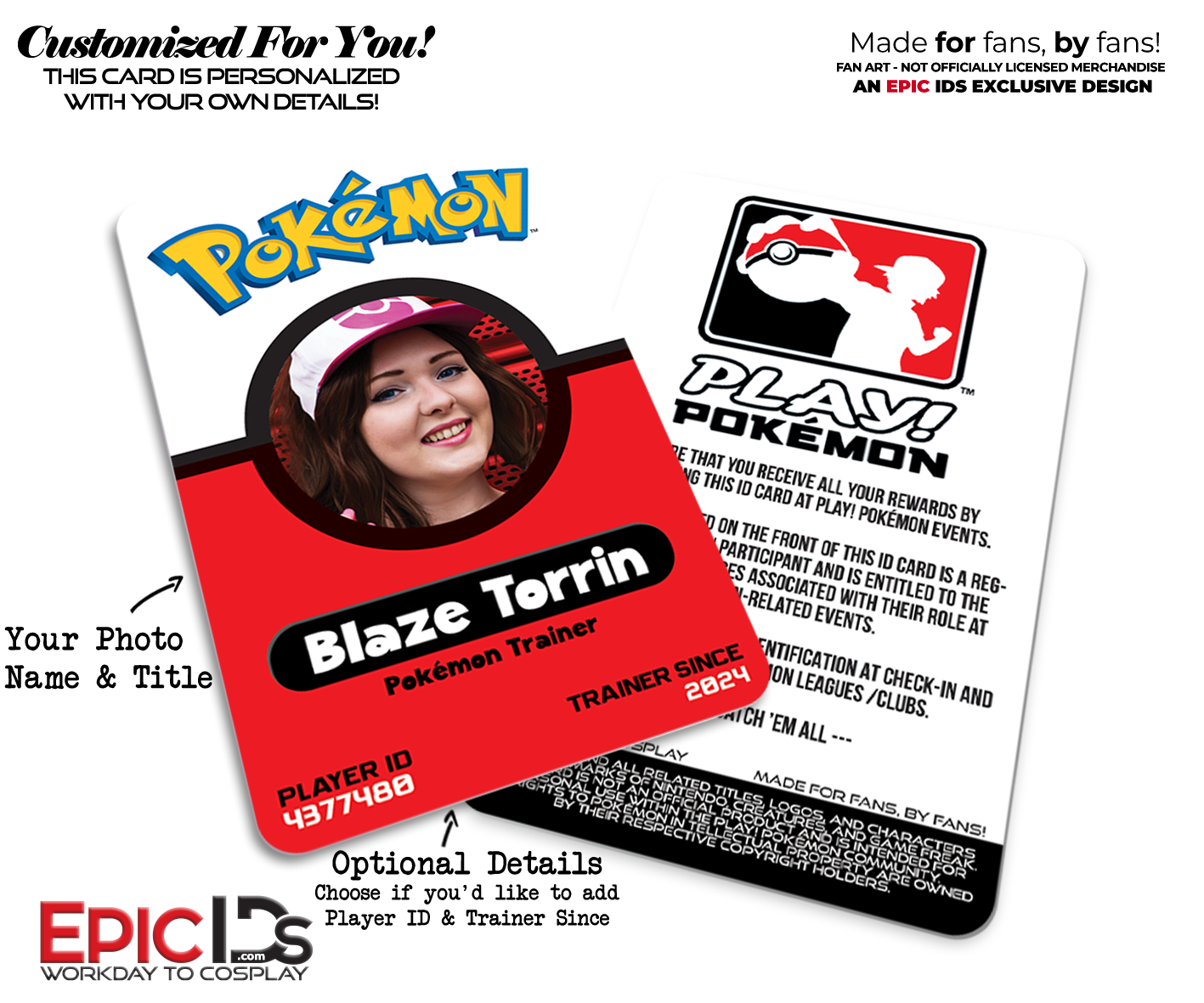 Pokémon Player Custom Fan-Crafted Trainer ID Badge — Photo Personalized