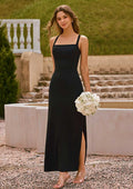 Simple Fitted Square Neck Crisscross Back Stretch Crepe Bridesmaid Dress with Side Slit