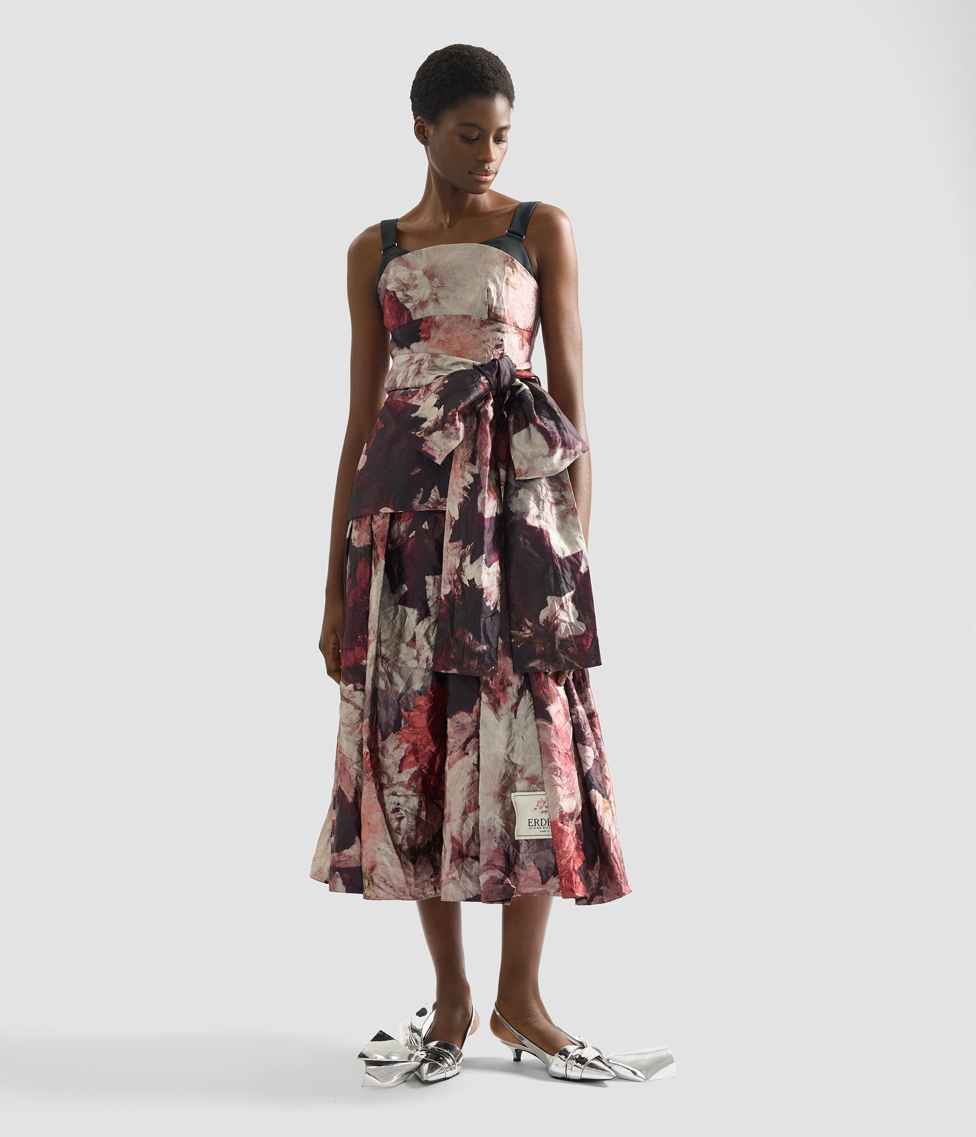 Floral Print Textured Satin Midi Dress