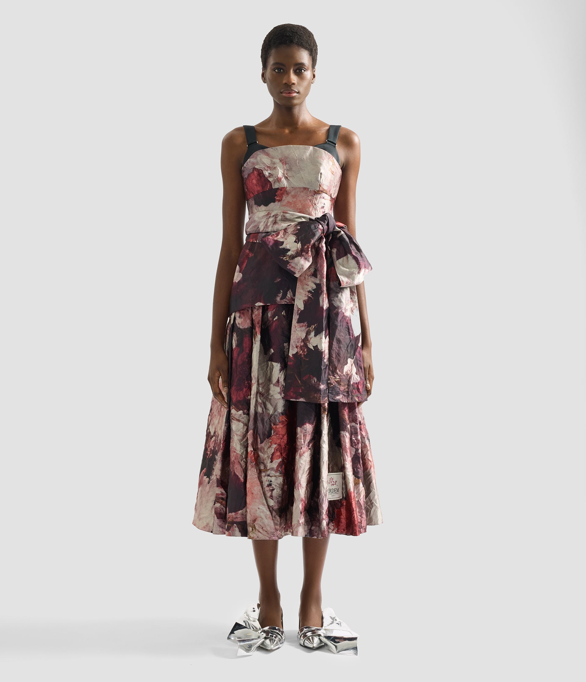 Floral Print Textured Satin Midi Dress