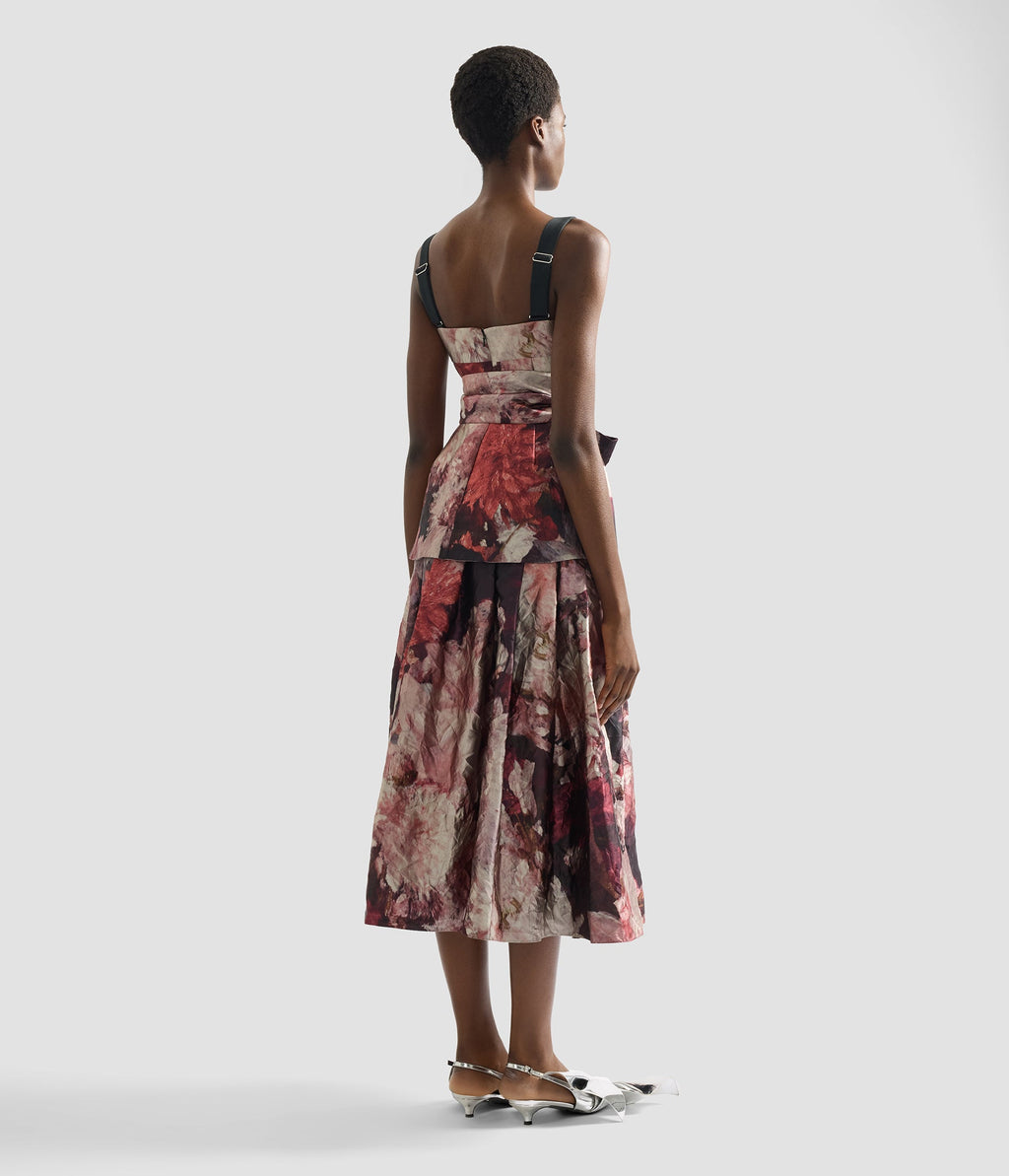 Floral Print Textured Satin Midi Dress