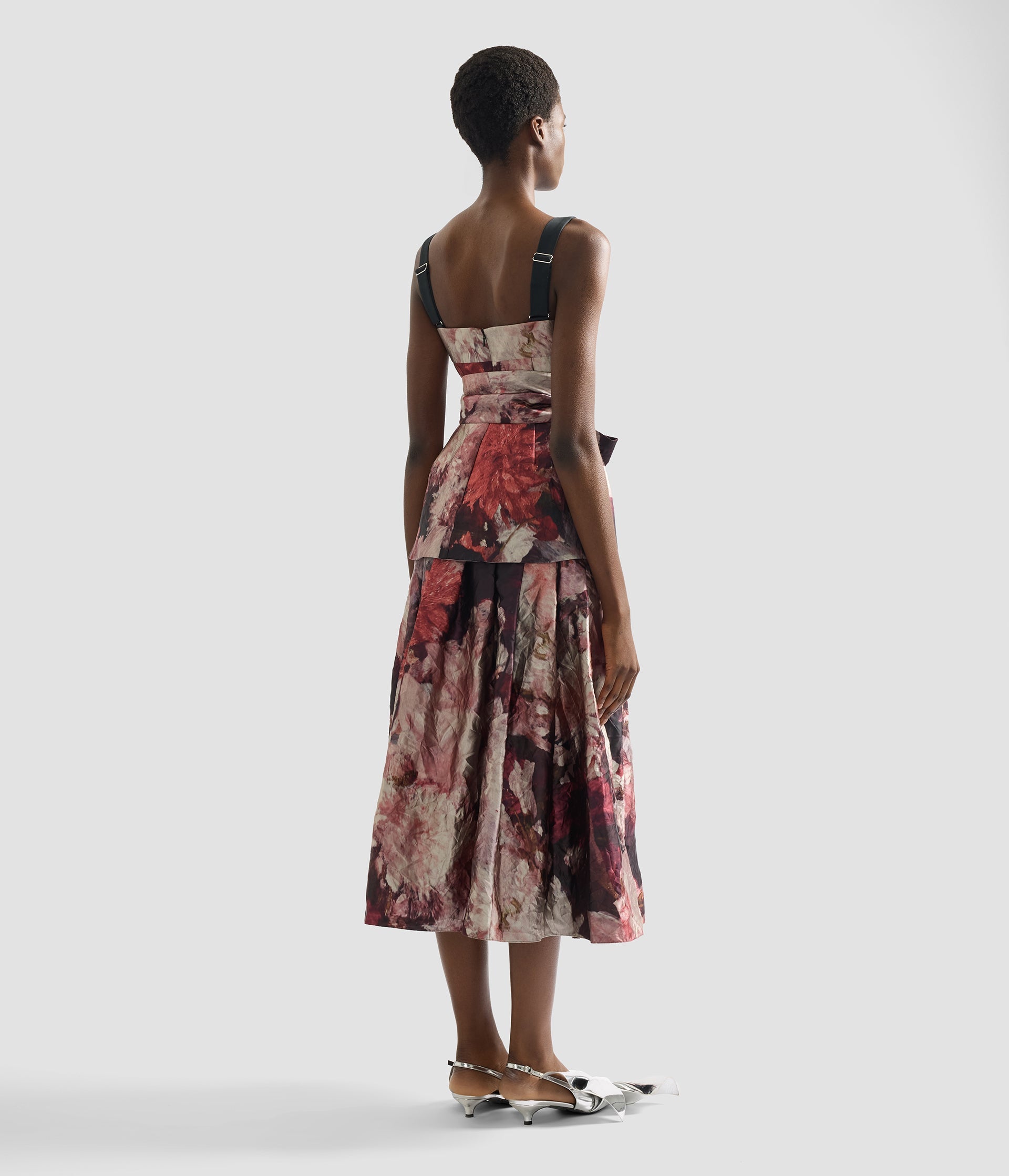 Floral Print Textured Satin Midi Dress