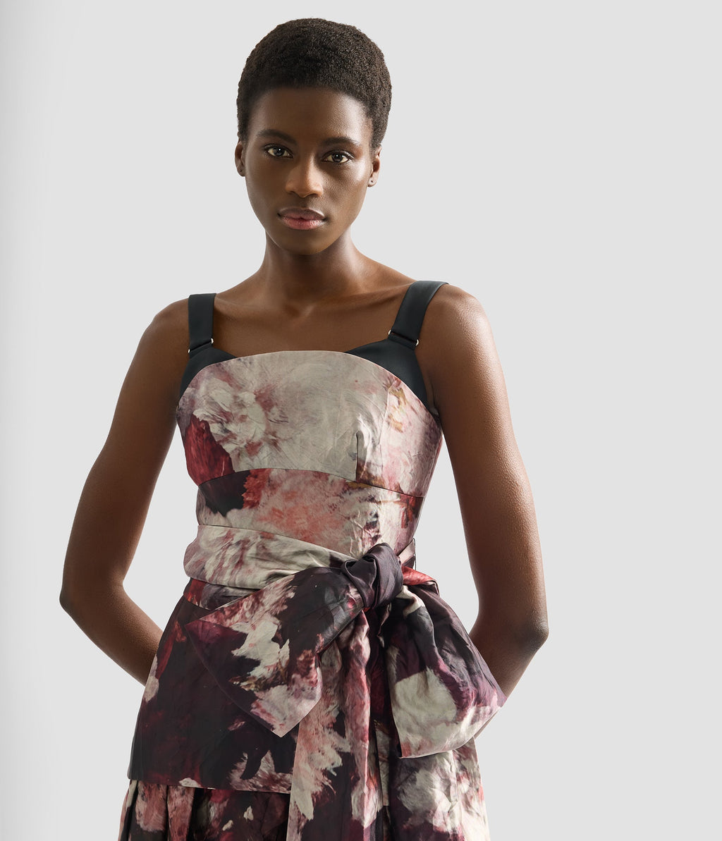 Floral Print Textured Satin Midi Dress