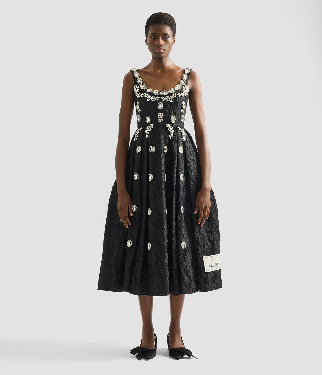 Embroidered Cloque Jacquard Sleeveless Midi Dress