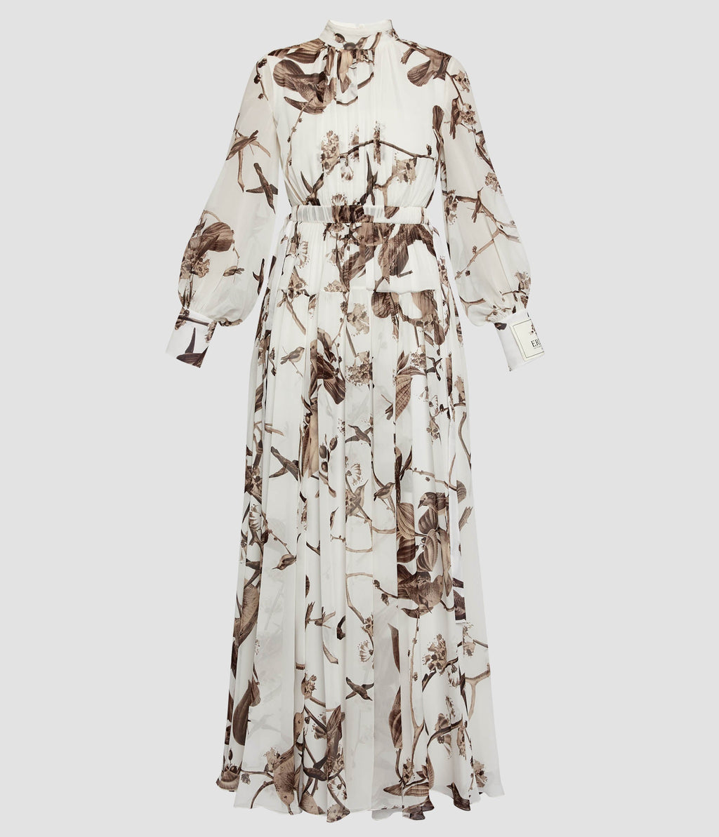 Printed Silk Voile Long Sleeve Gown