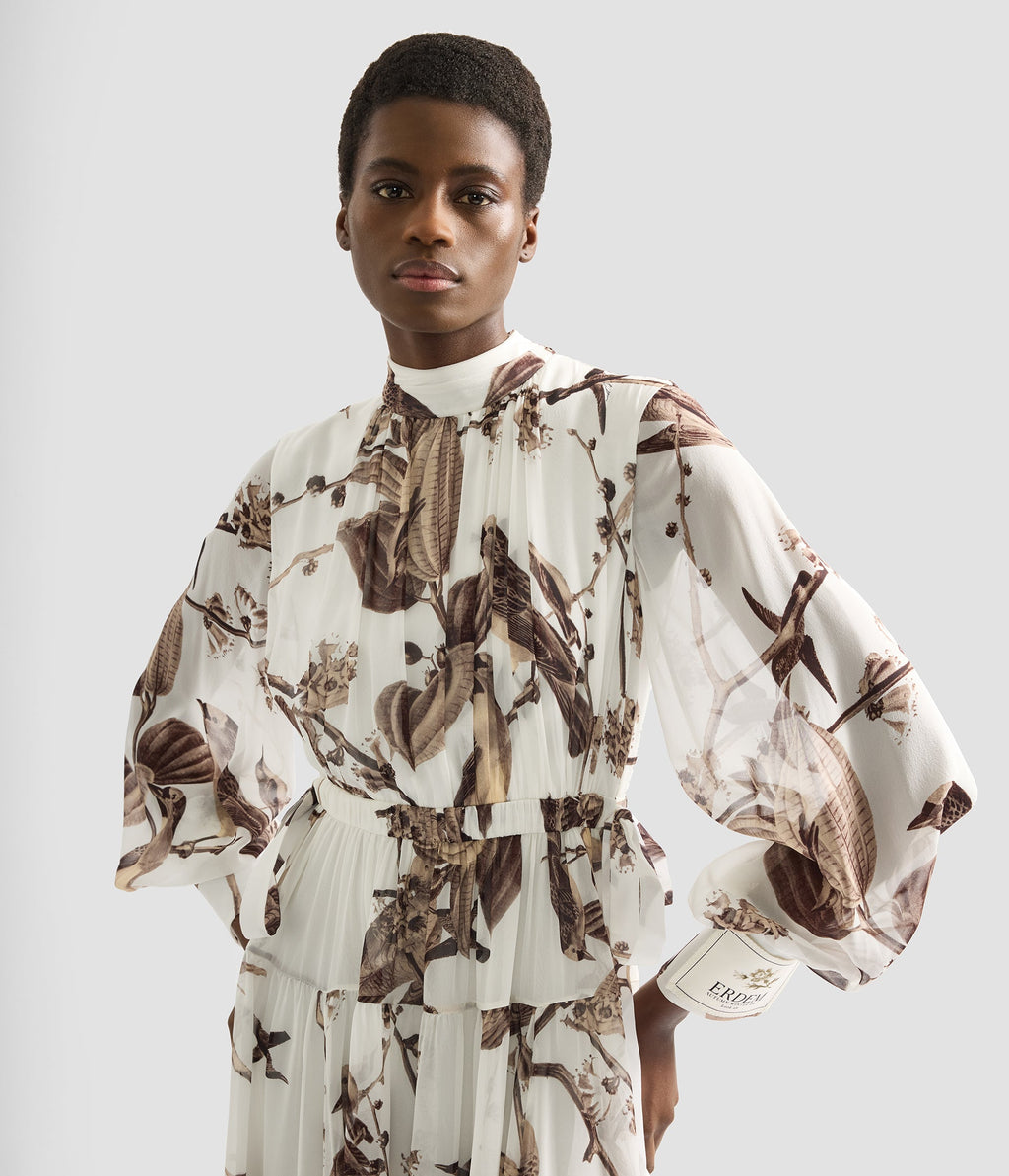 Printed Silk Voile Long Sleeve Gown