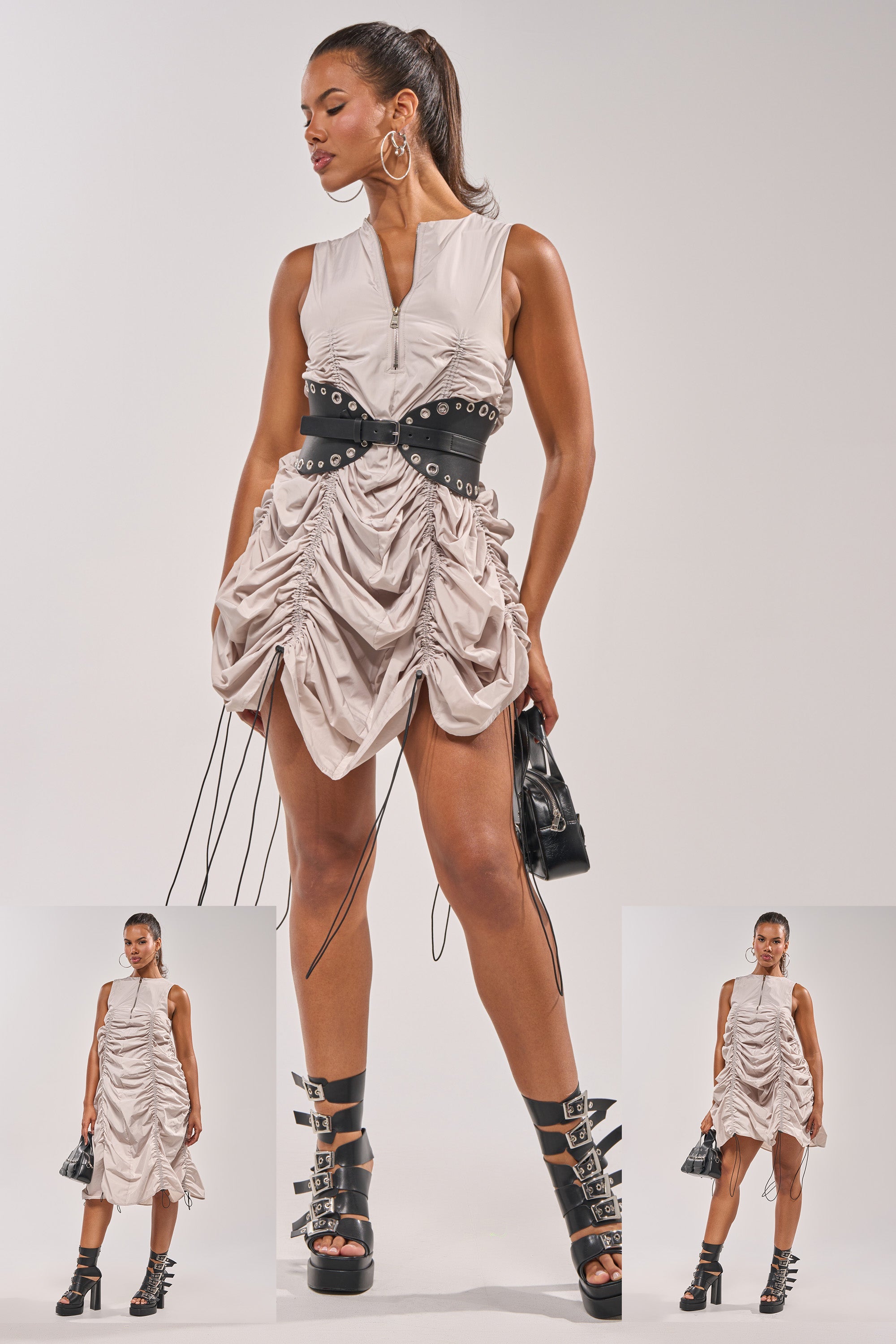 A woman showcases the SORRY NOT SORRY NYLON CINCH MINI DRESS with a wide black belt, black platform boots, hoop earrings, and a black handbag. Two smaller images display her striking similar street-style poses.