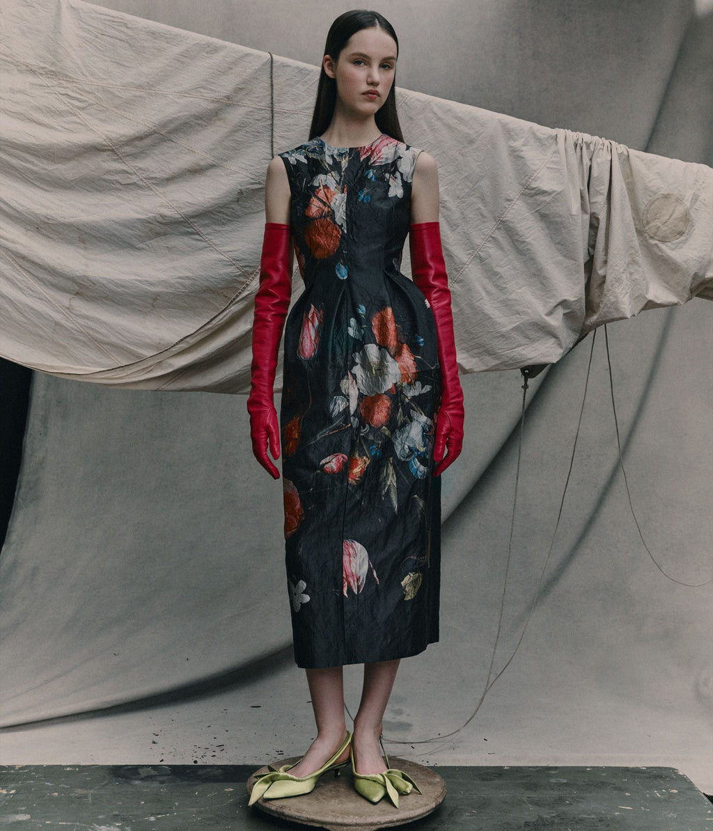 Floral Print Textured Satin Sleeveless Midi Dress