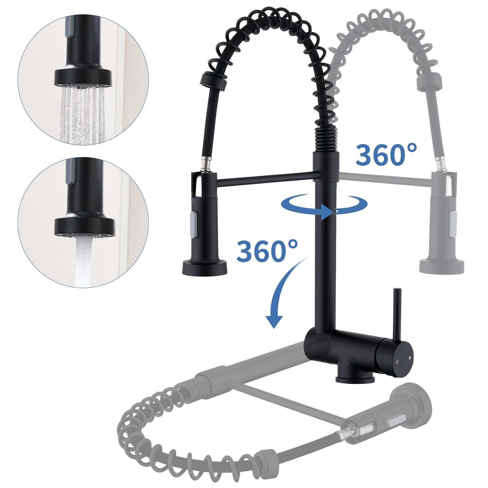 Homelody Mitigeur de Cuisine Rabattable Noir Robinet Cuisine à Ressort avec Douchette 2 Modes, Robinet Évier Pliable Rotatif à 360°,Froid & Chaud Disponible