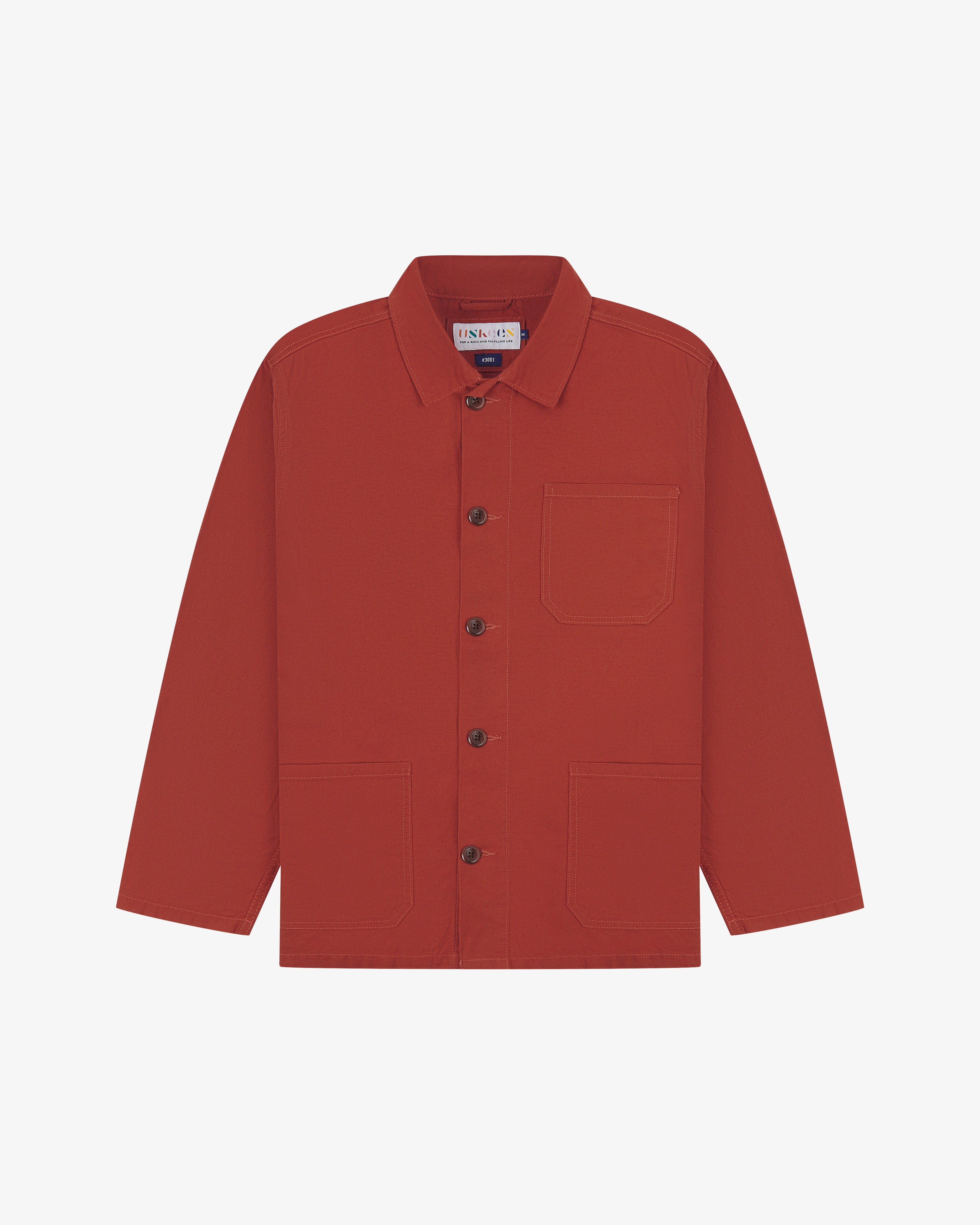 Front flat view of Uskees shirt jacket for men in clay red colour.