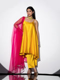 Women's Yellow Satin Dress with Pants and Net Dupatta with Lace 3 Piece Set | A-Line, Round Neck, Sleeveless, Pants, Partywear, (Satin)