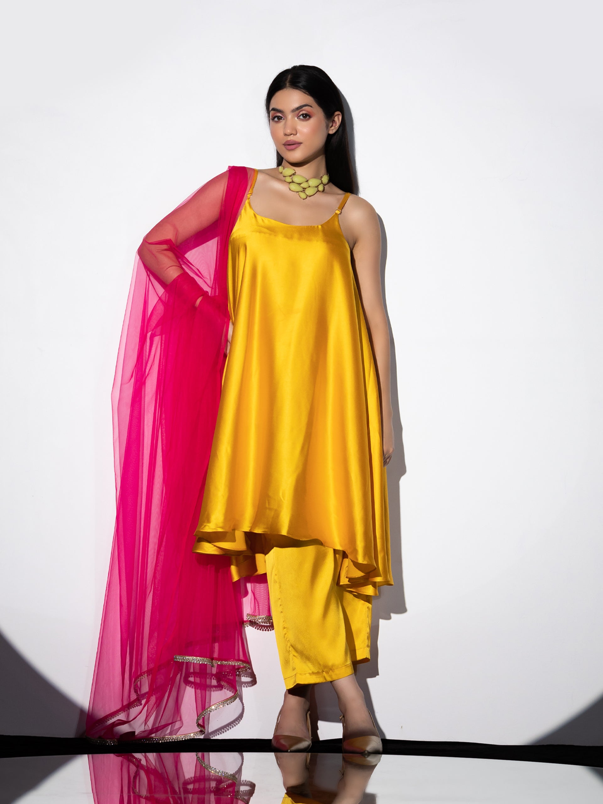 Women's Yellow Satin Dress with Pants and Net Dupatta with Lace 3 Piece Set | A-Line, Round Neck, Sleeveless, Pants, Partywear, (Satin)