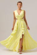 Lemon Yellow A Line V Neck Hollow Out Ruffle Pleated Long Bridesmaid Dress with Slit
