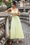 Lemon Yellow A Line Square Neck Keyhole Pleated Midi Dress