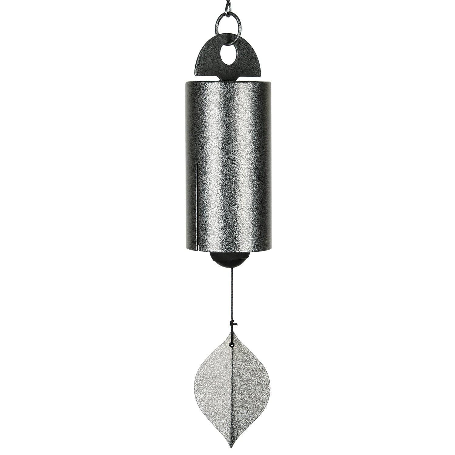 Antique silver wind chime with cylindrical tube and leaf-shaped clapper hanging from chain
