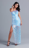 Iridescent Blue One-Shoulder Long Blue Prom Dress with Sequins
