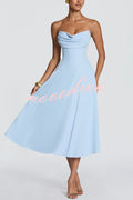 Marlowe Pleated Cowl Neck Strapless Back Lace-up Midi Dress