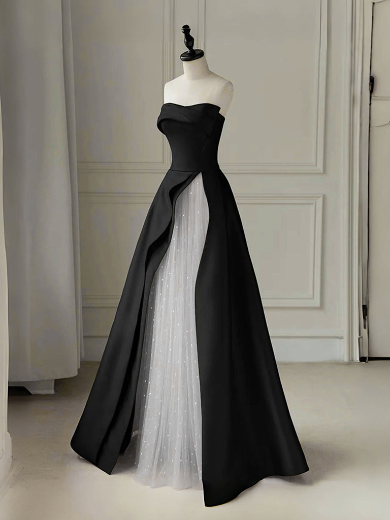 Ball Gown Black And White Semi Formal Dresses A-Line Tulle Satin Black/White Long Prom Black Long Formal Dress US Black/White