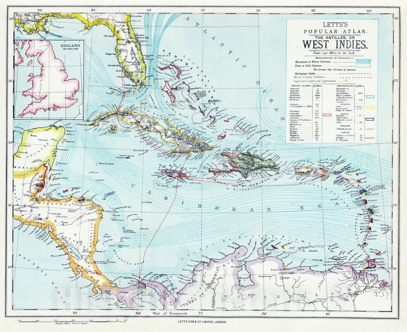 Historic Map : 1883 Antilles or W. Indies. - Vintage Wall Art