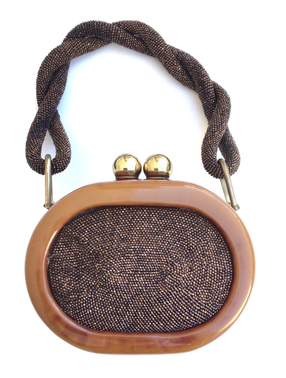 Elegant Fre-Mor style 1940s Beaded Fabric & Bakelite Handbag Copper/Butterscotch