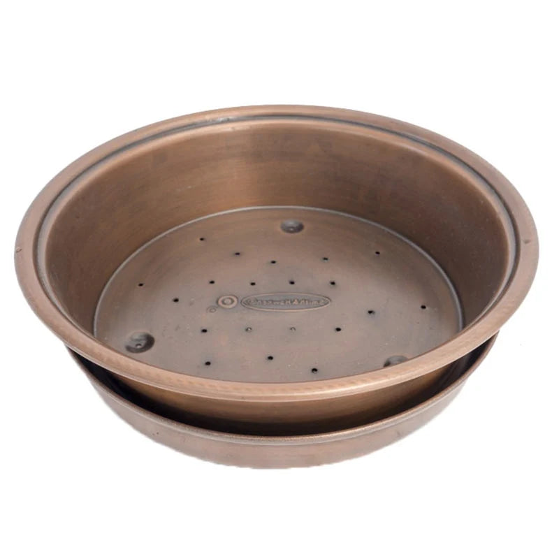 Copper-colored two-tiered succulent planter drip tray with perforated bottom and raised rim for saucer use