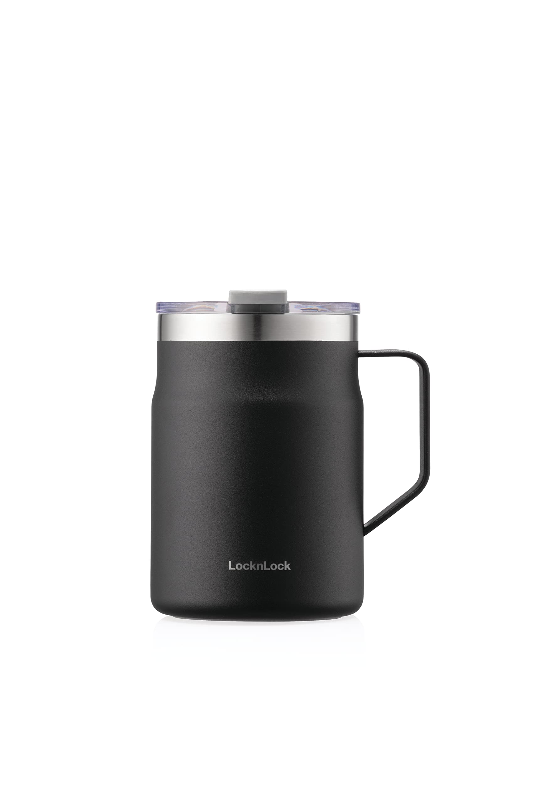Locknlock Metro Mug Premium 18/8 Stainless Steel Double Wall Insulated With Handle Perfect For Table With Lid, Black, 16 Oz
