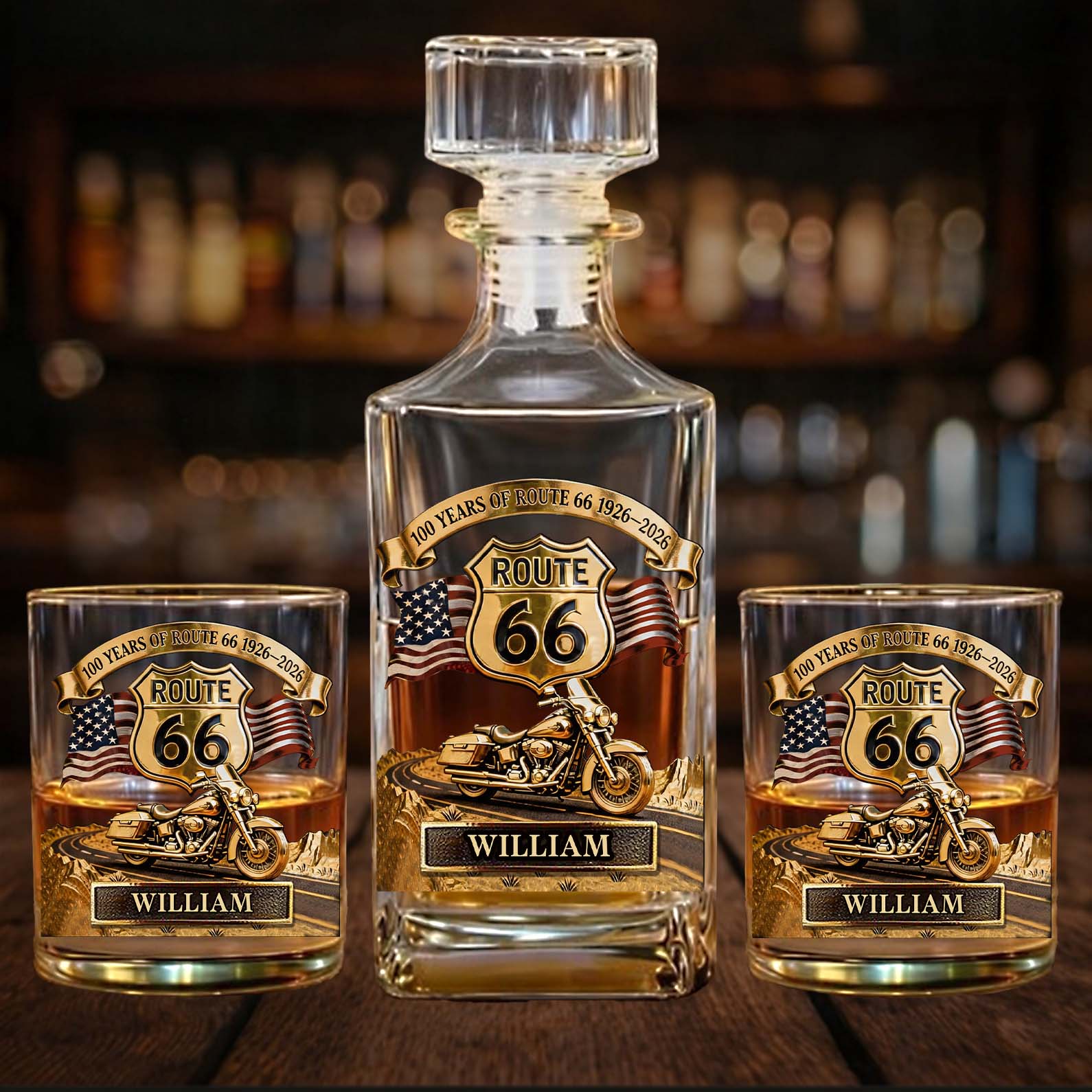 Personalized 100 Years Of Route 66 Whiskey Decanter Set | Whiskey Glass & Bottle Set Gift For Bikers 684651