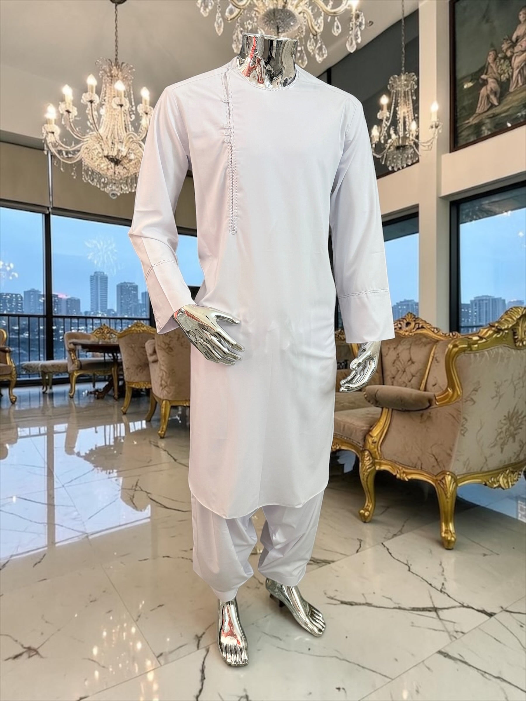 Small White Qasimi Design Parahan Tunban – Premium Afghan Traditional Menswear