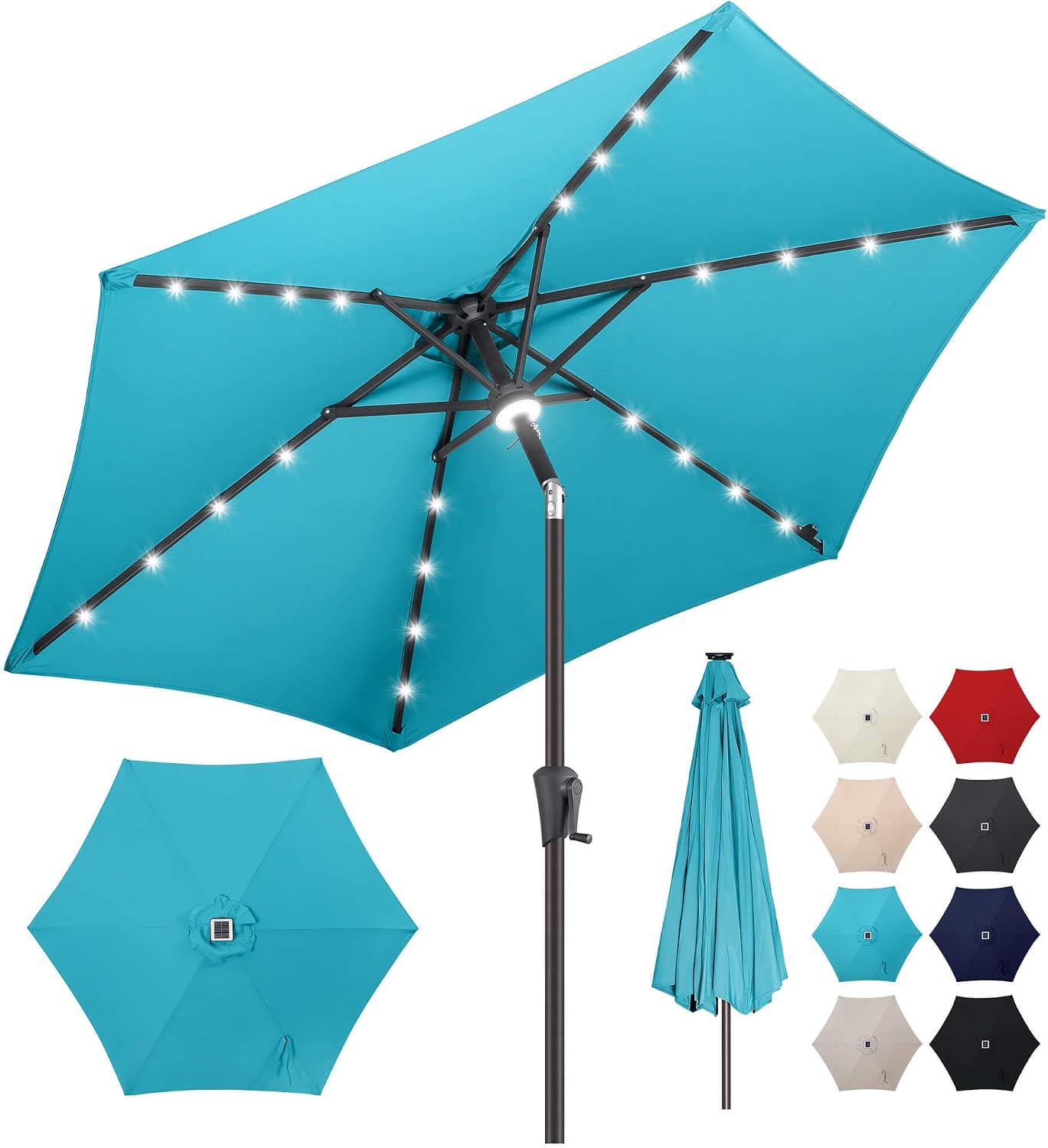 Solar Patio Umbrella with Centre Light, 7.5 ft Aqua Blue | 24 LED Lights, UV Protection, Small Solar Outdoor Umbrella for Porch, Deck, Pool, Table, Garden, Provides Evening Lighting