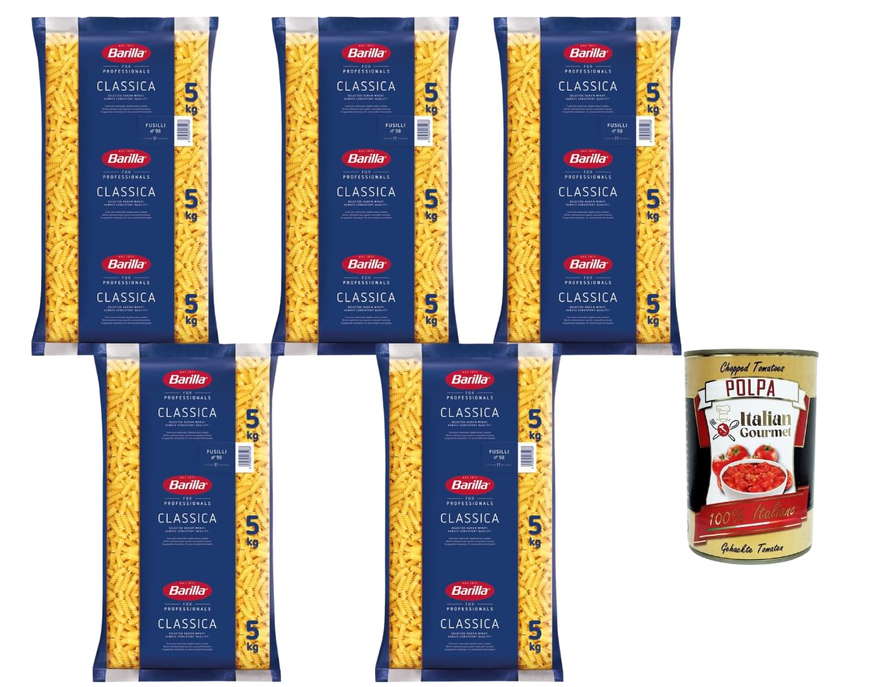 Barilla Professionals Classica Fusilli n.98 Bulk Pack 5 x 5 kg - Durum Wheat Pasta for Catering, Canteens, Families, al Dente Quality from Italy + Italian Gourmet Polpa