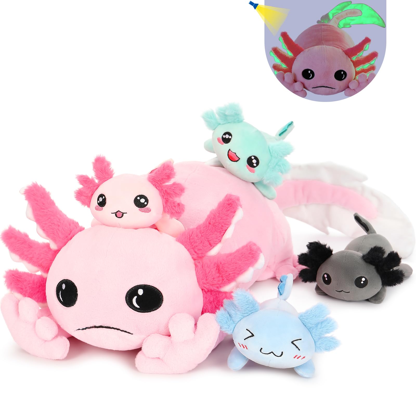 Tezituor Giant Axolotl Stuffed Animal with 4 Babies,31.5" Luminous Axolotl Plush Pillow Toy Realistic Soft Axolotl Plushies Birthday Gifts for Boys Girls