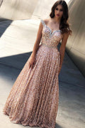 Pink Gold Sequin Formal Gown Open-Back Long Rose Gold Prom Dress With Sequins Rose Gold