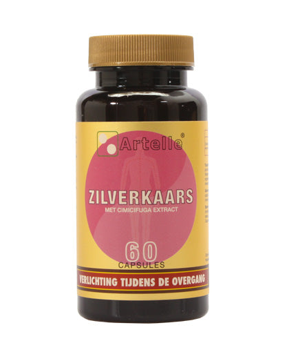 Artelle Zilverkaars extract capsules in a bottle, herbal supplement for wellness, part of Artelle kruidenpreparaten collection.