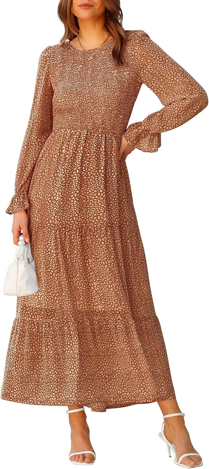 BTFBM Women Casual Long Sleeve Crew Neck Fall Dress Bohemian Relaxed Fit Floral Flowy Maxi Dresses Tiered Cocktail Dress