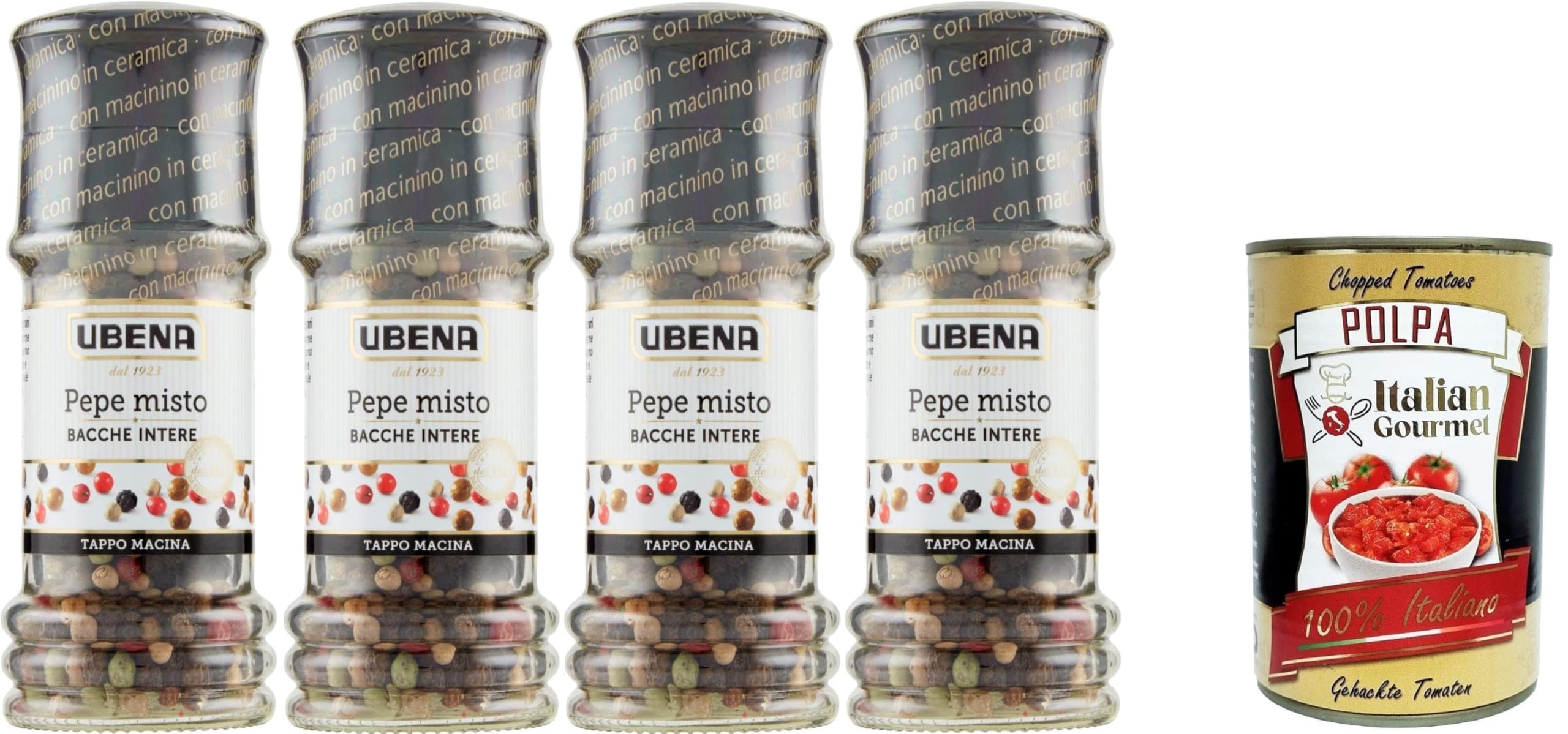 Ubena, Mixed Pepper Berries, Ideal for Seasoning Soups and Roasts, Fruit and Desserts, 4 x 42 g Grinding Cap Format, Italian Gourmet Polpa 400 g