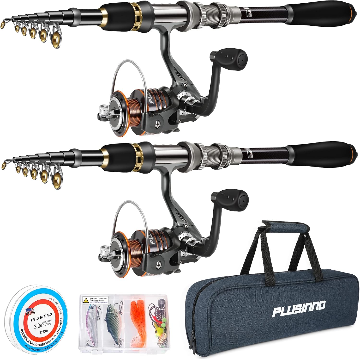 PLUSINNO Collapsible Telescopic Fishing Rod Pole and Reel Combo Starter Kit | Travel Pocket Retractable Fishing Rod Gear, Kits for Adults Beginner, Compact with Carrying Case, Fishing Gifts for Men