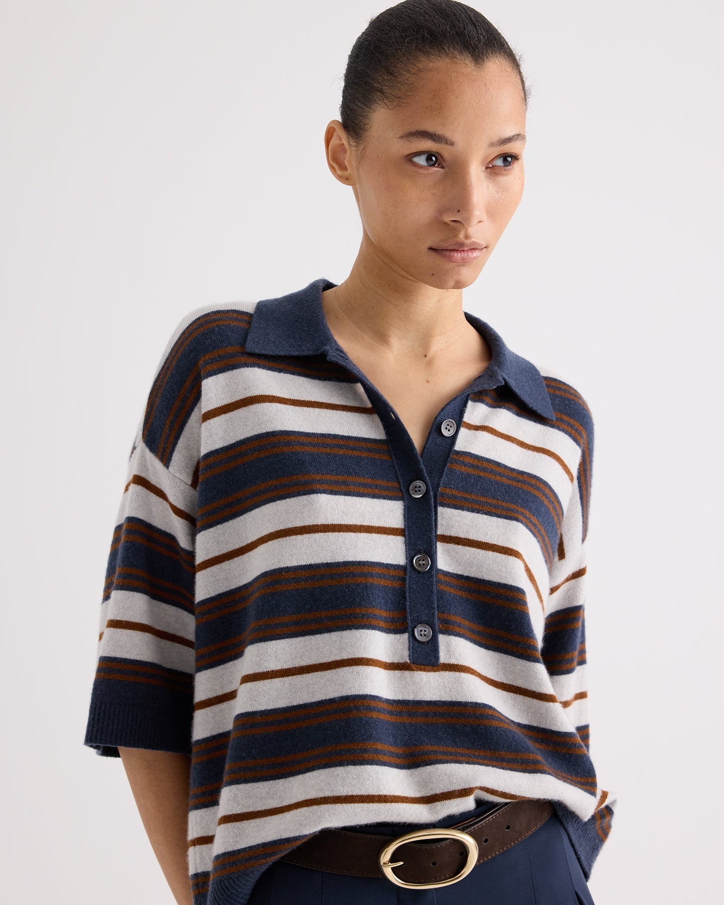 TWP - SS Polo Sweater with Stripes in Italian Cashmere