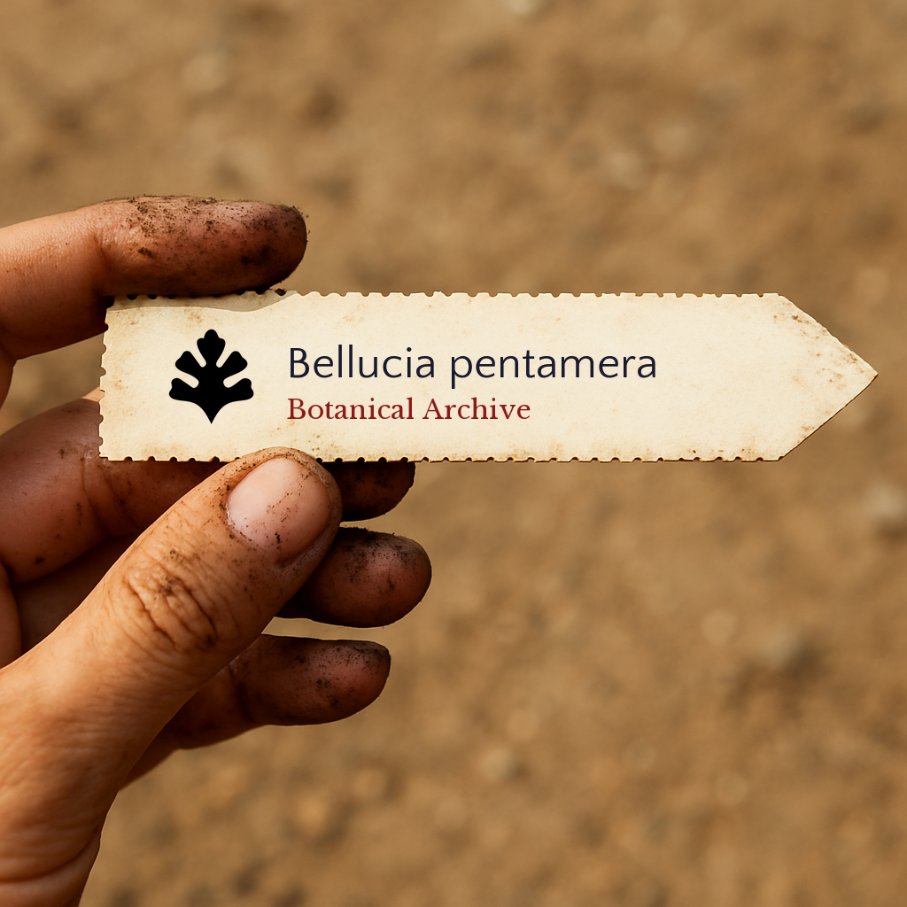 Printed plant label for Bellucia pentamera held by dirty hand with soil background